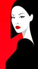 Elegant woman with red lips and striking features against a bold background