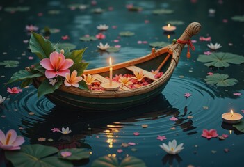 Obraz premium Traditional Loy Krathong boat adorned with flowers and candles on water