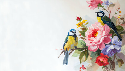 Colorful illustration of two birds perched among vibrant flowers.