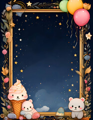 Cute illustration featuring ice cream, adorable bears, and colorful balloons in a starry frame.