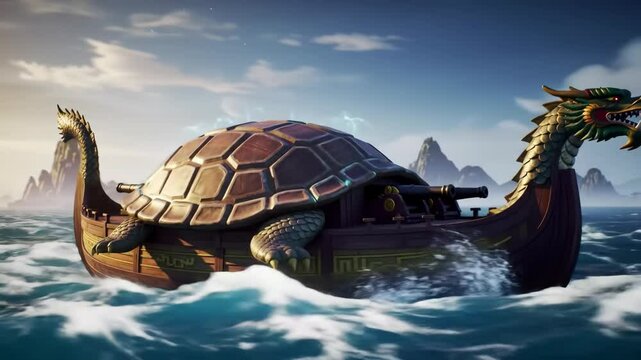 Mystical Dragon Turtle Ship Sailing at Sunset Across a Serene Ocean Landscape