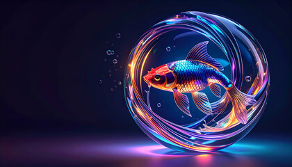 A vibrant fish swims within a colorful, illuminated bubble-like sphere.