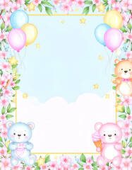 Cute bear-themed border with balloons and flowers for invitations or stationery.