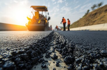 Roadwork asphalt construction with workers and roller