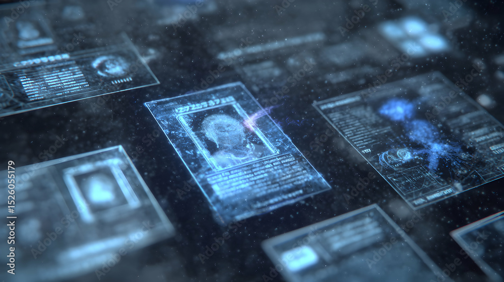 Poster futuristic interface displays holographic projections data visualization and information processing 