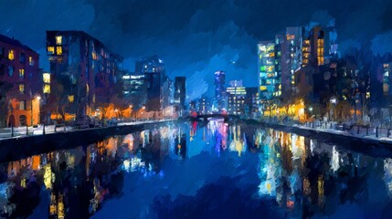 Moonlit canal with city lights reflected in water, abstract watercolor style, cool blue tones, impressionistic urban night scene 