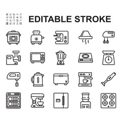 Electronic kitchen appliances line icon set. Modern graphic design concept. Contains icons such as rice cooker, blender, electric stove and more.