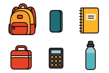 Back to school items set. Flat cartoon vector illustration of backpack, notebook, pencil case, calculator, lunchbox, water bottle