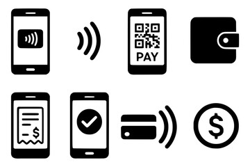 Solid style mobile payment icons set. Black glyph vector symbols of NFC, QR code, wallet, phone, smartphone, money, card