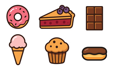 Sweet dessert icons set. Flat cartoon vector illustration of donut, pie, chocolate bar, ice cream, muffin and eclair
