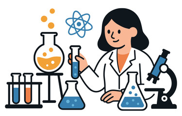 Female scientist in chemistry lab. Flat cartoon vector illustration of laboratory research with glassware and microscope
