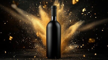 A sleek black wine bottle unveiled amid a dazzling explosion of gold dust embodying celebration and luxury on