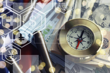 Magnetic compass. The concept of finding successful solutions to problems. Compass, map, sleeves,...