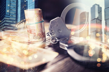 Double exposure of male hands locked in handcuffs city landscape background. Hands in handcuffs...