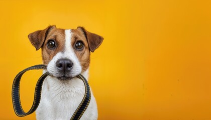Playful Jack Russell Terrier Ready for a Vibrant Walk, Displaying Energy and Joy Amidst the Sunlit Yellow Backdrop.