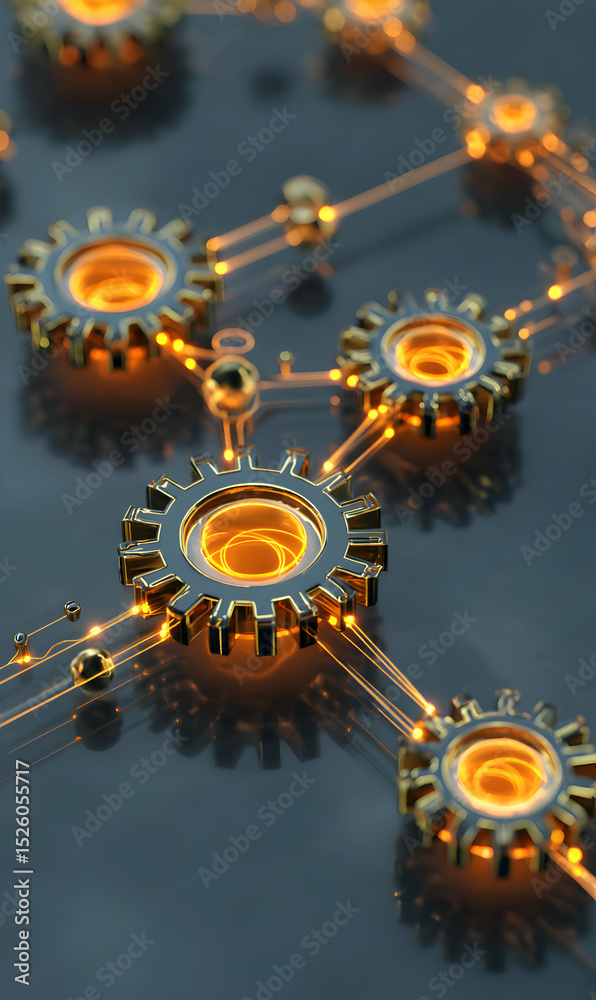 Poster complex network of golden gears interconnected by glowing lines creating a futuristic and technologi