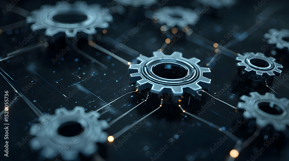Poster gears connected by lines symbolize the intricate workings of technology and engineering solutions wi