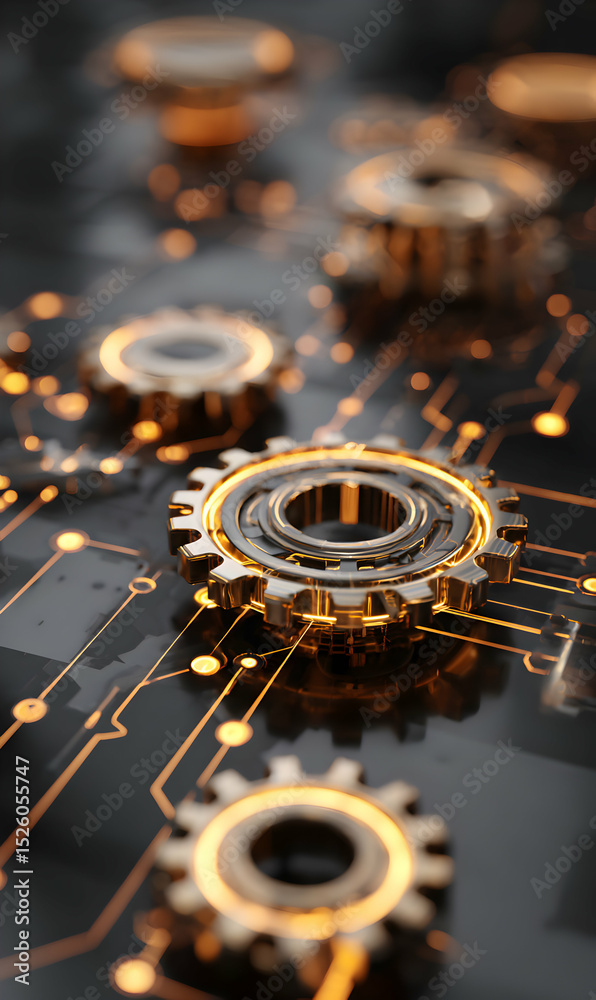Poster intricate interlocking gears and digital pathways creating a visually stunning representation of tec