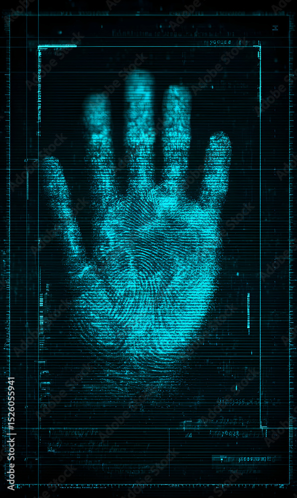 Poster futuristic hand scan digital fingerprint technology security authentication personal identification 