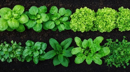 Row of six different types of leafy greens growing in a garden bed. the plants are arranged in a horizontal line, with the top row being the largest and the bottom row being smaller.