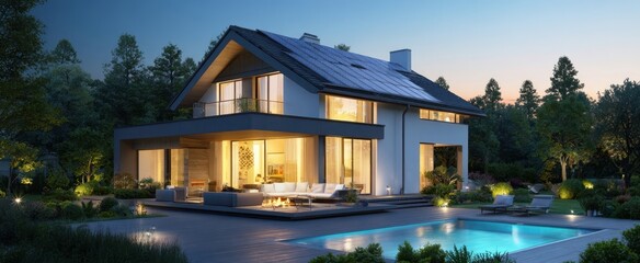 Obraz premium The modern house with an inviting pool and landscaped garden at twilight.