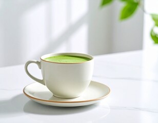 Obraz premium A minimalist cup of matcha tea on a plain white table
