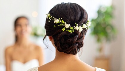 Naklejka premium Bride with elegant updo adorned with fresh flowers, captured during wedding preparation. Romantic, graceful, and detailed portrait highlighting bridal beauty and hair styling.