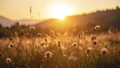 serene meadow filled with wildflowers, illuminated by golden sunset