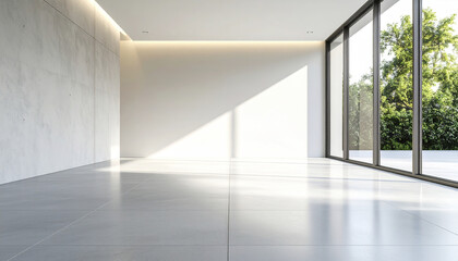 spacious room with smooth cement floor and neutral walls, featuring large windows that let