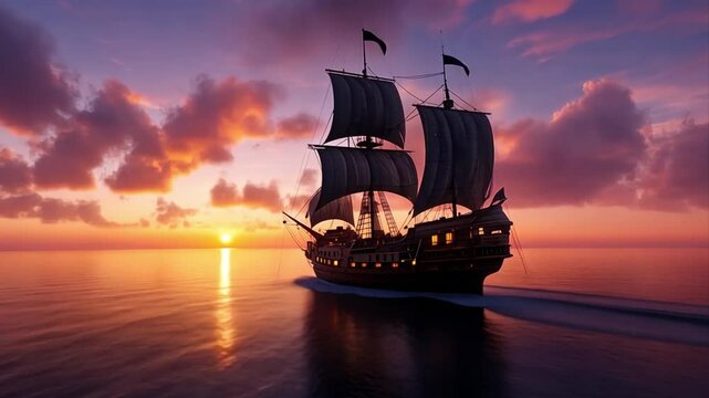 majestic galleon gracefully sails across a tranquil ocean at sunset, colorful sky reflects on the water's surface, creating a breathtaking scene of beauty and adventure