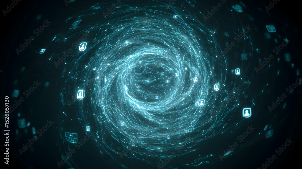 Poster dive into the digital vortex of connections visualizing social networks and data flow with a vibrant