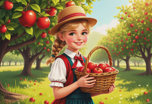 Young girl in traditional attire holding a basket of apples during Erntedankfest