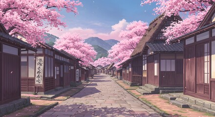 Anime-Style Japanese Village in Spring with Sakura Blossoms