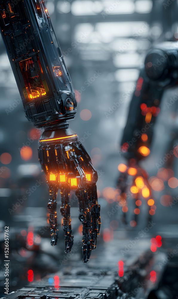 Poster futuristic robotic arms extending from metallic infrastructure creating a technological dystopian la