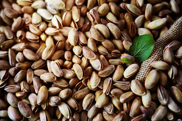 Roasted salted pistachios. Dried pistachios in small sack on  table.