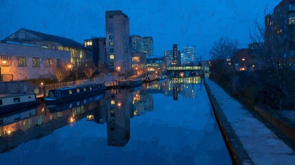 Fototapeta premium Moonlit canal with city lights reflected in water, abstract watercolor style, cool blue tones, impressionistic urban night scene 