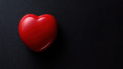 Obraz premium Glossy red heart-shaped object with smooth reflective surface prominently displayed against dark textured black background, creating striking visual contrast and minimalist aesthetic. Focused composit