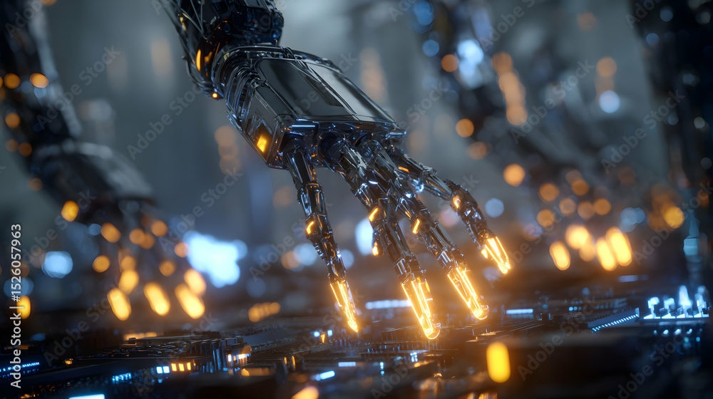Poster futuristic robotic hand with glowing fingertips reaches down in a technological environment with com