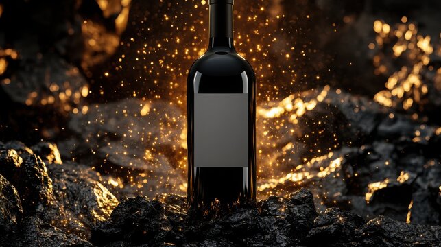 A luxurious black wine bottle emerges from sparkling embers hinting at warmth and celebration elegant dark