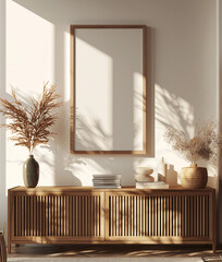 frame mockup poster in the bright living room interior with large light shadow