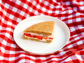 Turkey and tomato sandwich on white plate with red checkered tablecloth background