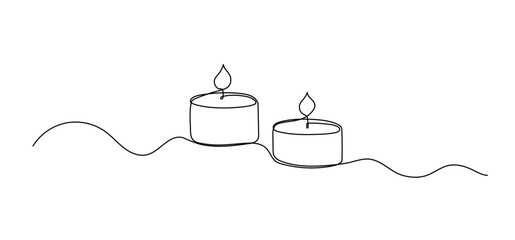 Candle with flame one line drawing, symbol of spa, continuous line isolated sketch, border