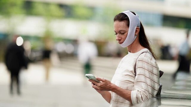 Portrait of woman in facial recovery band, gazing thoughtfully sideways, soft background bokeh.