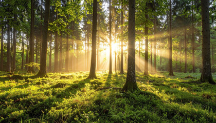 Sunbeams piercing through vibrant green forest at sunrise create magical atmosphere