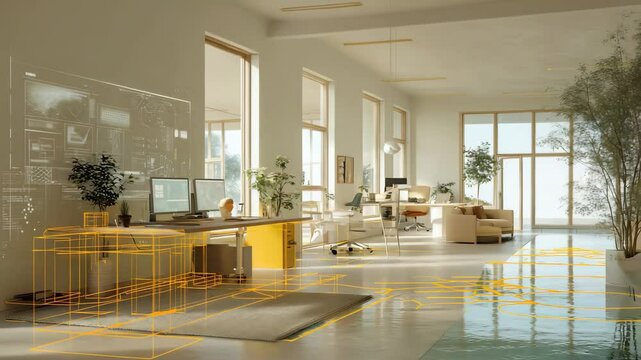 Modern office space with digital overlay