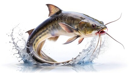Clean design: a single catfish jumps against a stark white background.