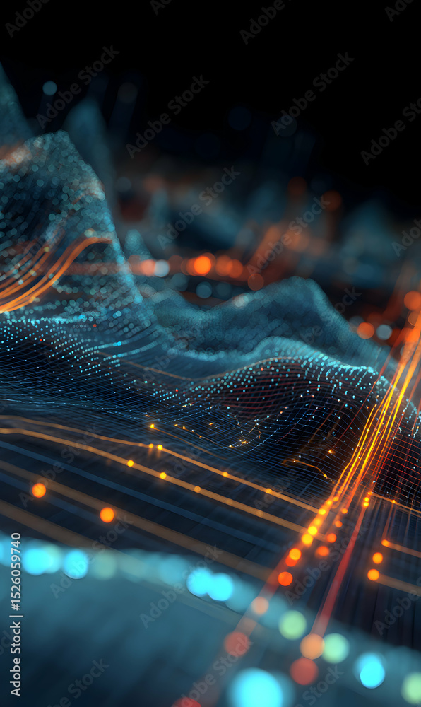 Poster digital terrain visualization showcases interconnected networks and flowing data streams, emphasizin
