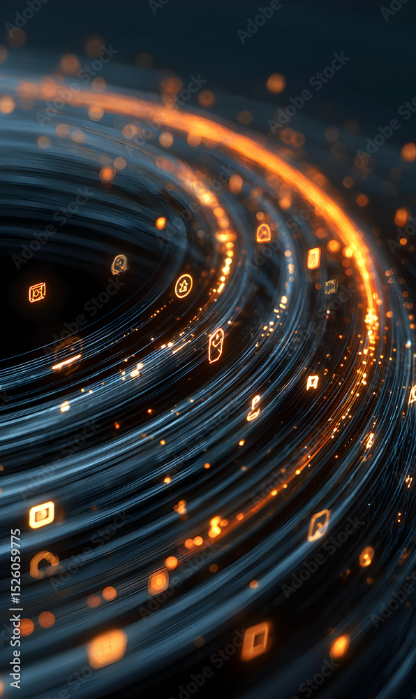 Poster digital vortex of information flowing through glowing network pathways, representing advanced commun