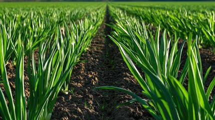 Fototapeta premium Vast field of green onions growing in neat rows. the onions are tall and slender, with long, pointed leaves that are a vibrant green color.
