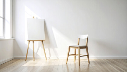 minimalist interior featuring wooden stool and empty canvas easel, illuminated by natural light